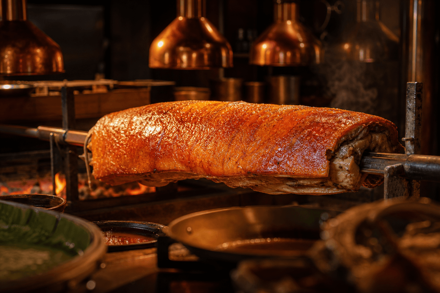 Lechon belly roasting in warm kitchen light