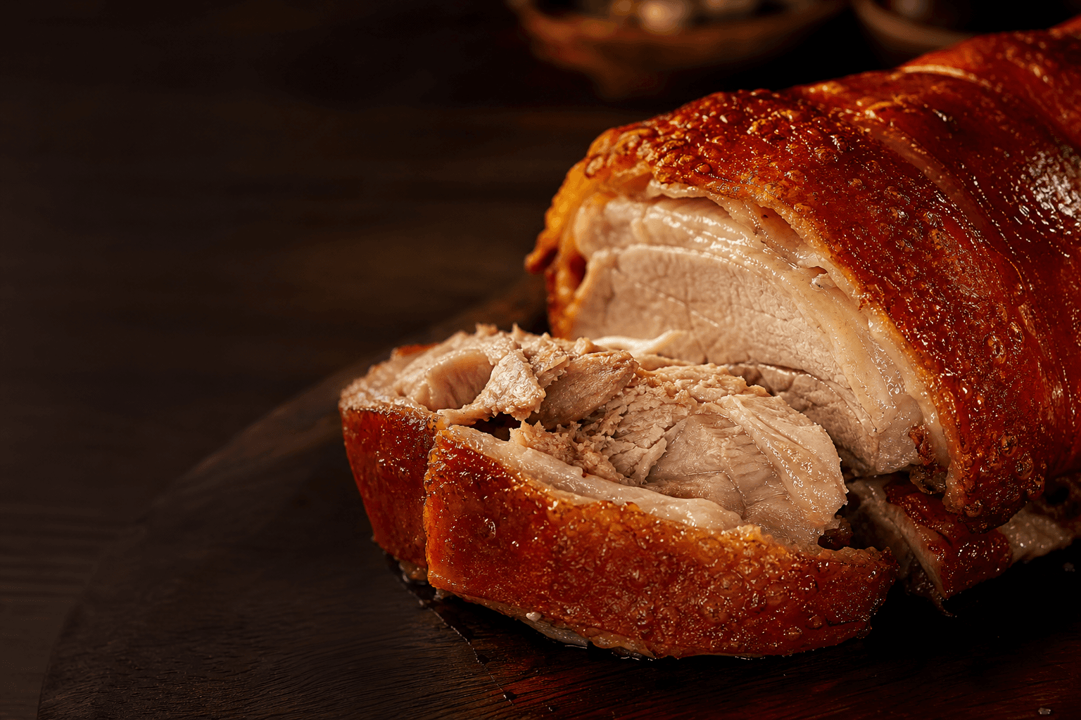 Crispy golden lechon belly with roasted meat